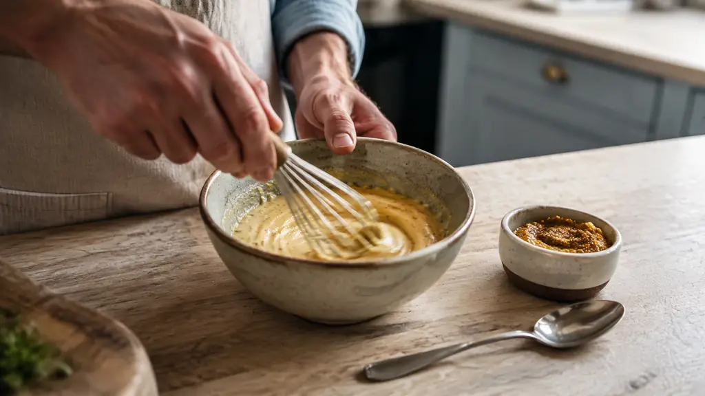 close-up editorial food photograph of a hand whisking creamy burger sauce in a small ceramic bowl, with mustard and a spoon beside it on a family kitchen counter, no text, no logo