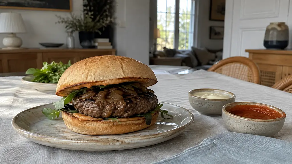 editorial food photograph of a homemade grilled steak burger with a thin layer of smoky sauce spread on both inner bun halves, two small bowls of mild and spicy sauce on a family dining table, no text, no logo