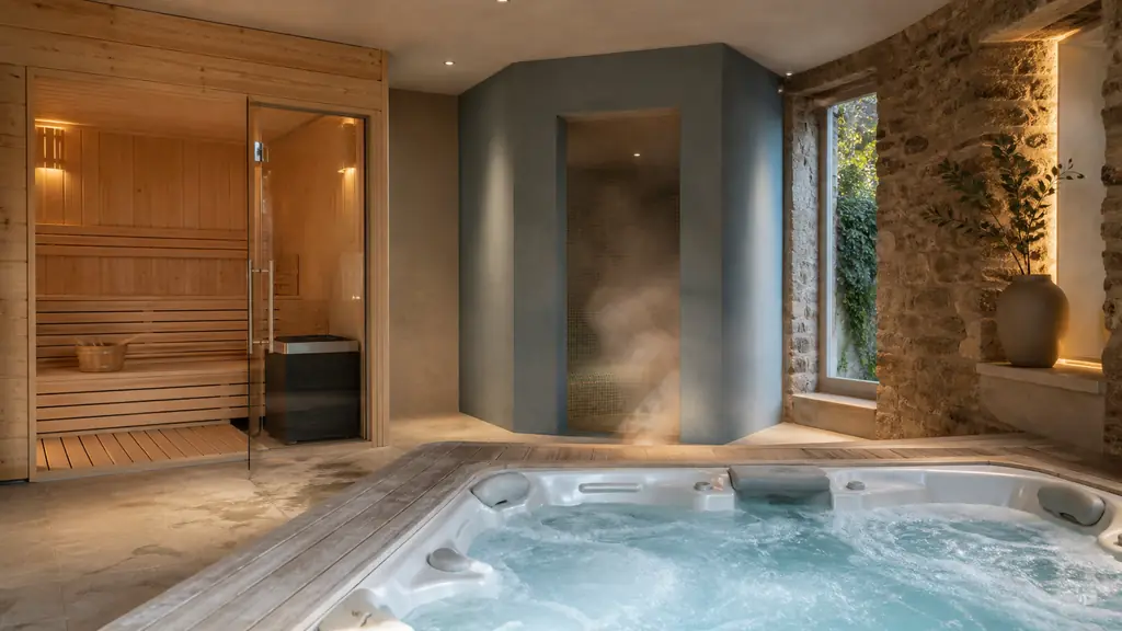Editorial photograph of an adults-only wellness area in Limoges with a wooden sauna cabin, a steaming hammam entrance and a four-seat bubbling jacuzzi, warm natural lighting, no text, no logo