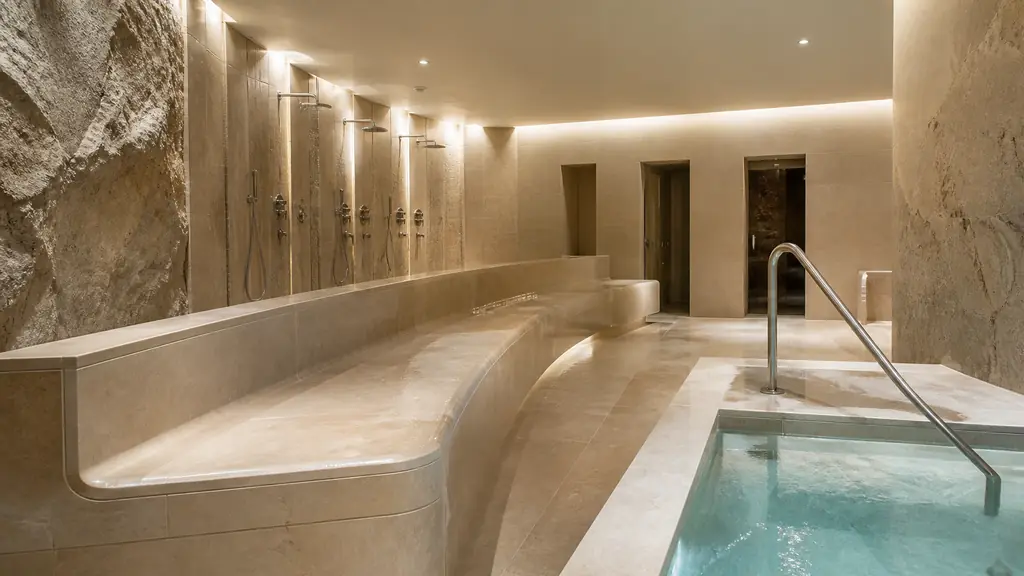 Editorial photograph inside the Aquapolis wellness area in Limoges, showing warm marble benches, adjustable relaxation showers and a cold plunge pool, soft natural lighting, no text, no logo