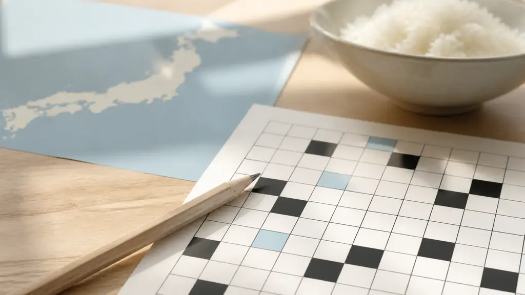 Editorial close-up of a pencil beside a crossword grid with three highlighted blank squares, a small map of Japan and a bowl of Japanese rice in the background, natural daylight, no visible text or logo