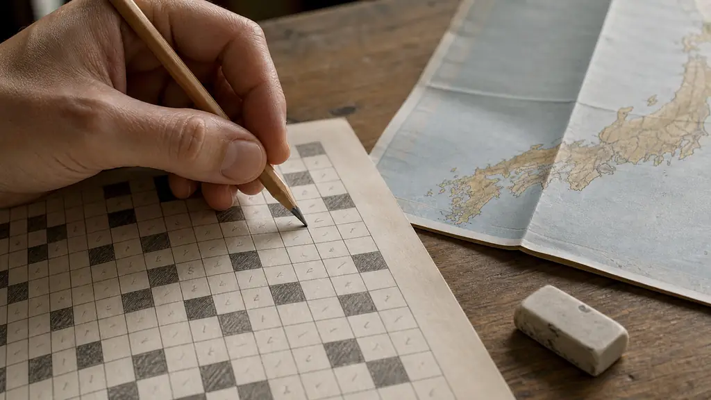 Editorial close-up of a hand checking a three-square crossword answer against intersecting entries, with a pencil, an eraser and a folded map of Japan beside the grid, soft natural daylight, no visible text or logo