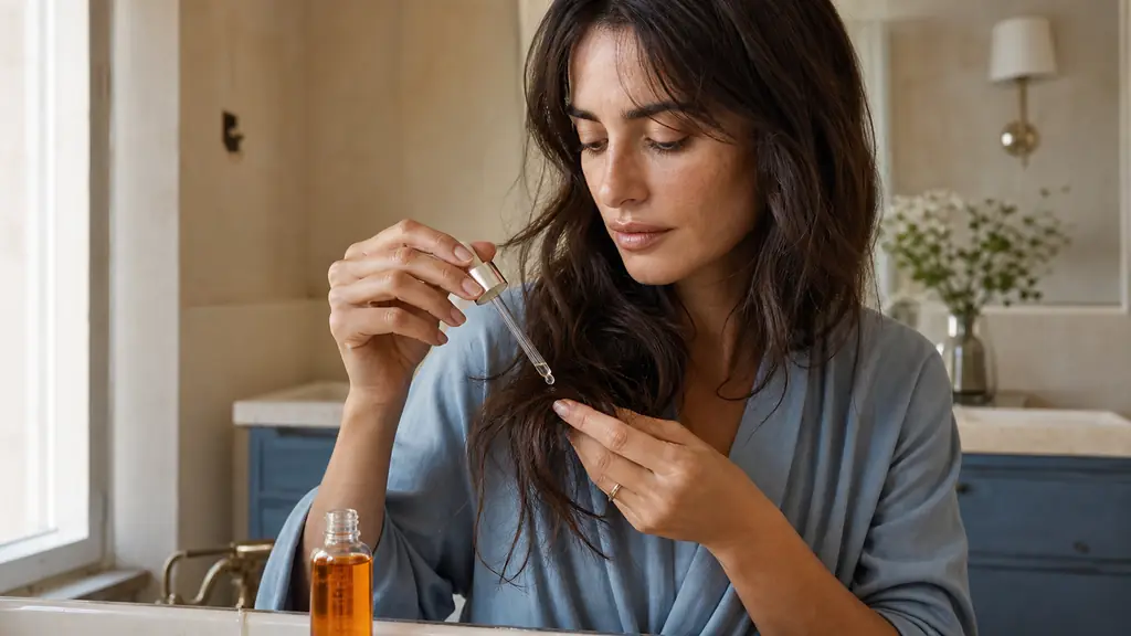 Woman with fine wavy hair in natural bathroom light comparing a lightweight dropper serum with a richer amber oil, applying one small drop only to her ends, editorial beauty photography, no text, no logo