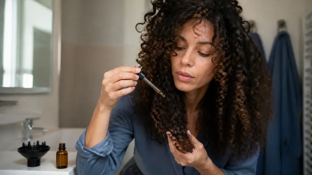 Woman with thick curly hair applying two drops from an amber pipette to her ends beside a diffuser and a small lightweight serum bottle, editorial bathroom photography, no text, no logo