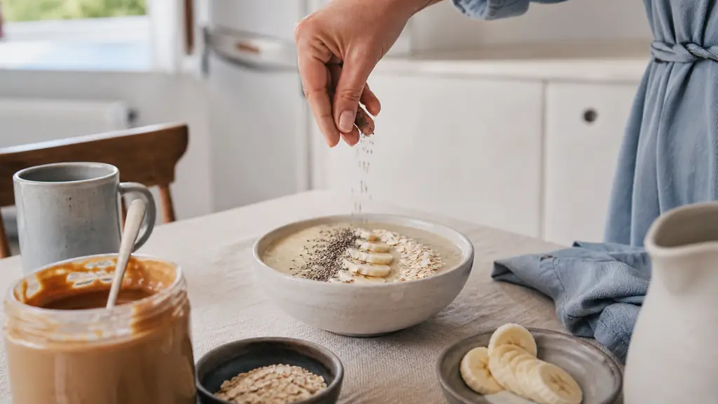Editorial breakfast scene with a thick banana smoothie bowl, a hand sprinkling chia seeds over oat flakes, and an open jar of almond butter on a bright family kitchen table, no text, no logo