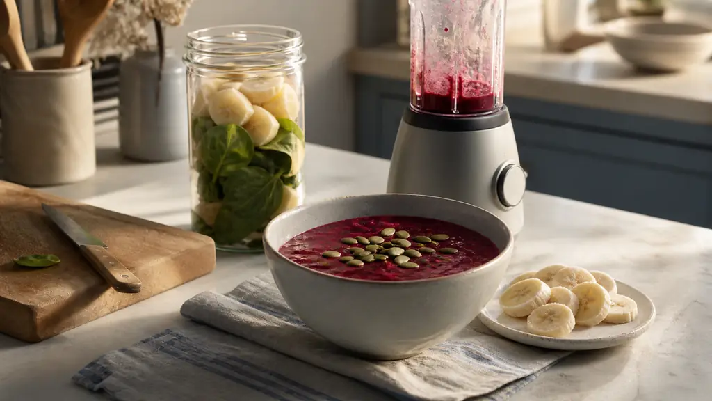 Editorial morning kitchen scene with a thick red berry smoothie bowl topped with pumpkin seeds, frozen banana slices beside a compact blender, and a jar prepared overnight with pear and baby spinach, no text, no logo