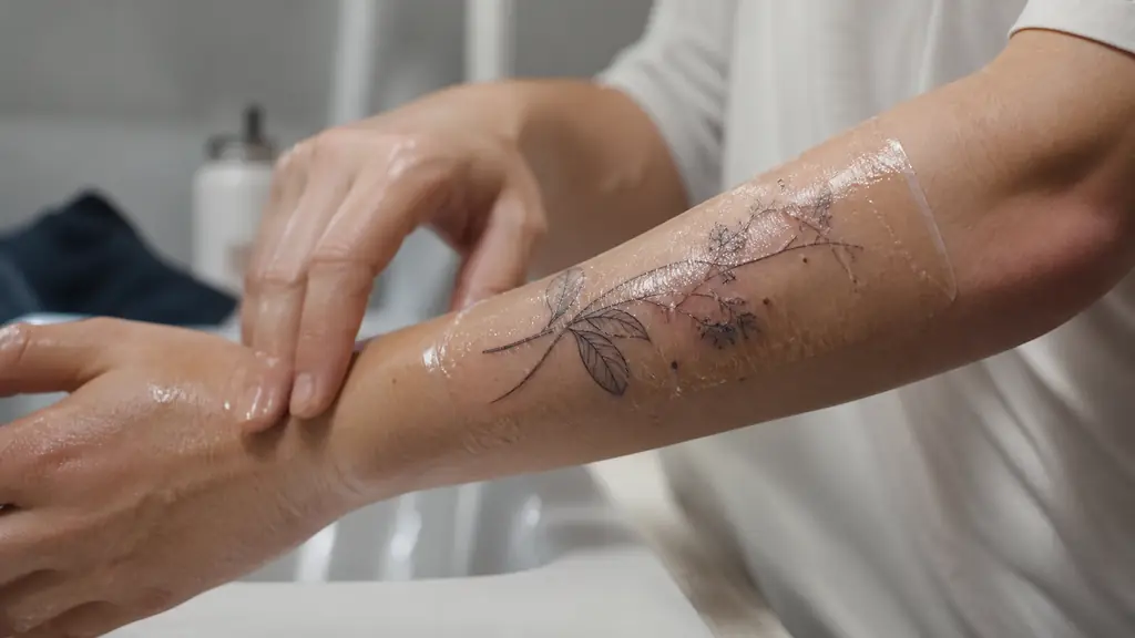 Close-up editorial photograph of freshly washed hands beside a forearm tattoo covered with transparent second-skin dressing, with mild ink and plasma accumulation visible beneath the sealed film