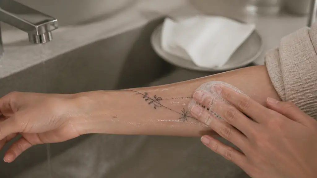 Editorial close-up photograph of clean hands gently washing a fresh forearm tattoo with lukewarm water and fragrance-free soap, with sterile nonwoven compresses ready for pat drying