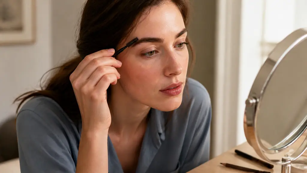 Close-up editorial photograph of a woman brushing one eyebrow with a spoolie, a fine eyebrow pencil and small concealer brush resting beside a tabletop mirror, natural daylight, no text, no logo