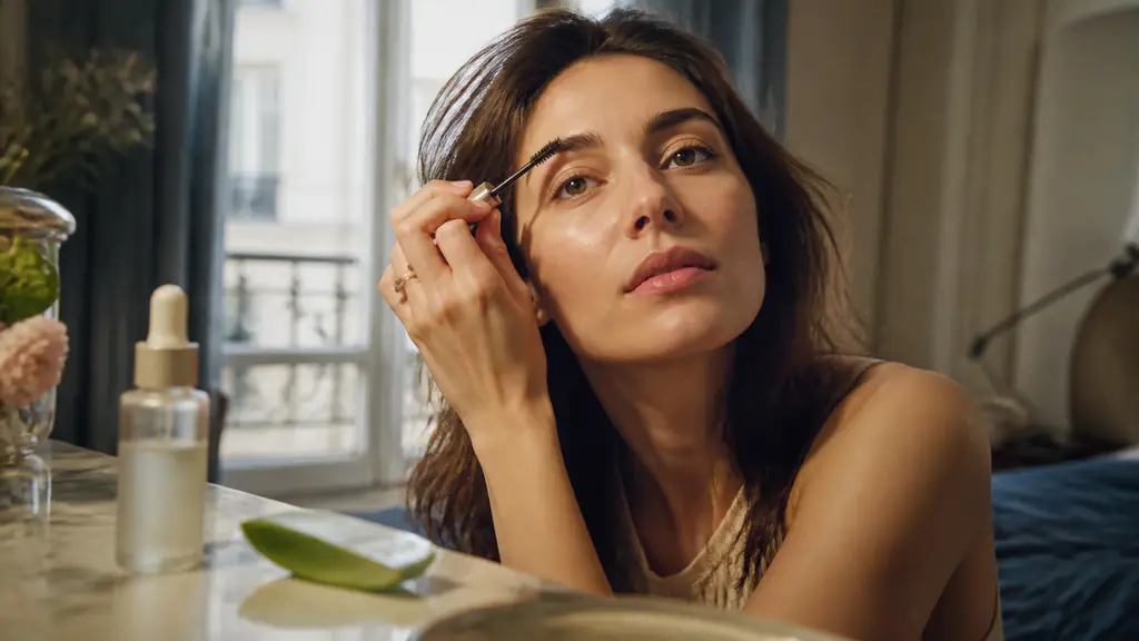 Editorial close-up photograph of a woman applying a tiny amount of castor oil to one eyebrow with a clean spoolie, a brow serum bottle and a small aloe vera leaf on the vanity, soft natural daylight, no text, no logo