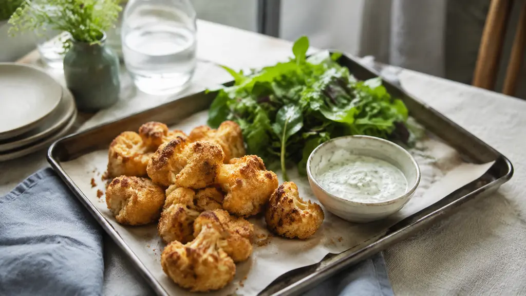 Golden cauliflower nuggets coated in breadcrumbs on a baking tray, served with a small bowl of herb yogurt sauce and a fresh green salad, natural kitchen light, editorial food photography, no text, no logo