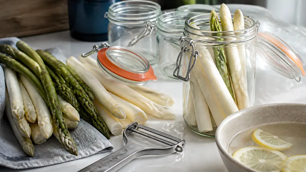 Editorial close-up of fresh white and green asparagus beside mechanical glass jars with new rubber seals, a vegetable peeler and a bowl of salted lemon brine on a bright kitchen worktop, natural spring light, no text, no logo