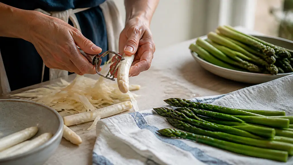 Editorial close-up of hands peeling white asparagus with a vegetable peeler, trimmed green asparagus sorted by size, and freshly blanched spears draining on a clean kitchen towel, natural spring light, no text, no logo