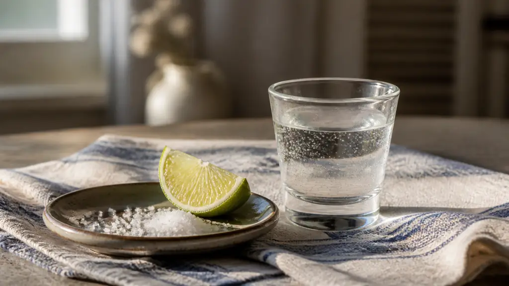 Editorial close-up of a shot glass containing tequila and sparkling tonic, beside a small plate of sea salt and a freshly cut lime wedge on a folded kitchen towel, natural evening light, no text, no logo