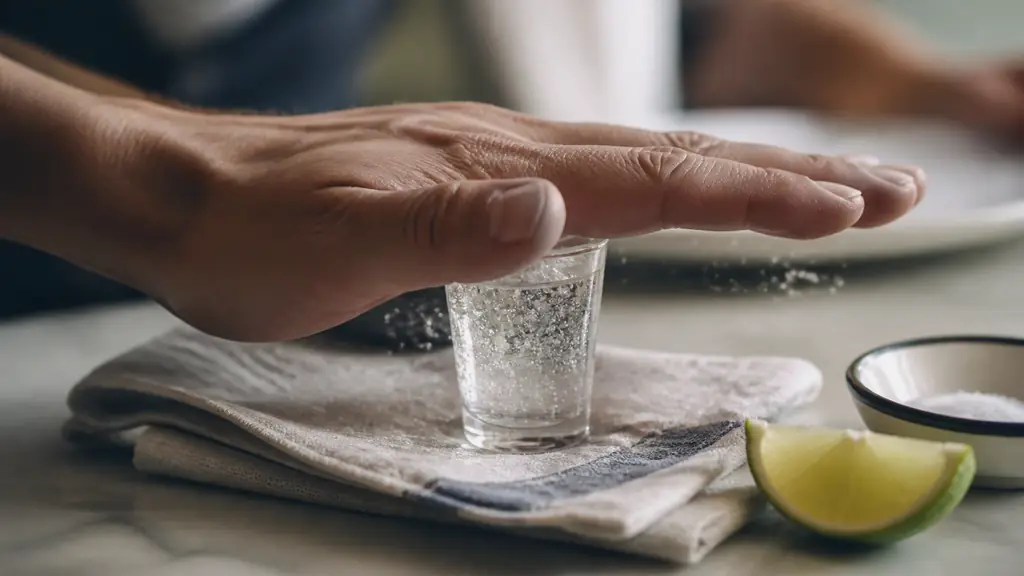 Editorial close-up of a hand fully covering a bubbling shot glass just after it has been struck once on a folded towel, with a lime wedge and small plate of salt nearby, no text, no logo