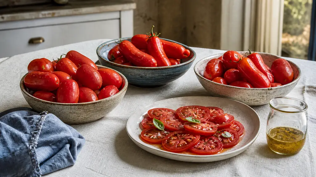 Editorial photograph of Roma, San Marzano and Cornue des Andes tomatoes arranged in three ceramic bowls beside a freshly sliced tomato salad with a small jar of gentle vinaigrette, natural kitchen light, no text, no logo