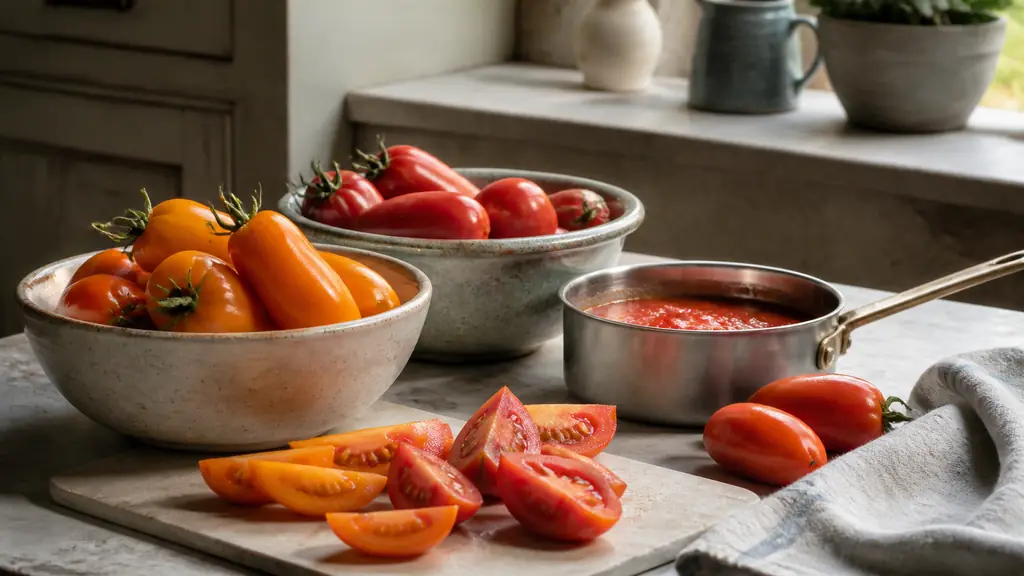 Editorial kitchen photograph of elongated orange Orange Banana and Amish Paste tomatoes in two ceramic bowls, with several tomatoes sliced for a fresh salad and others beside a small saucepan of homemade tomato sauce, natural daylight, no text, no logo