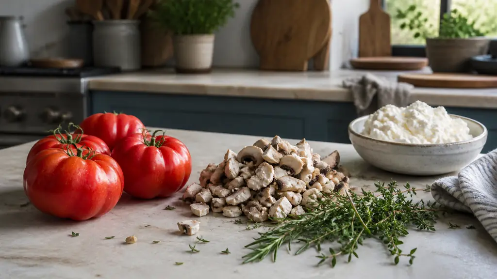 Large ripe tomatoes beside finely chopped mushrooms, a bowl of ricotta and Provençal herbs arranged on a bright kitchen worktop, natural editorial food photography, no text, no logo