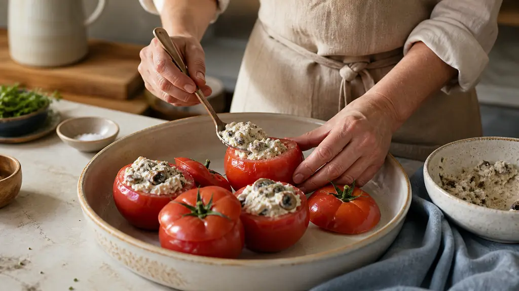 Hands filling hollowed tomatoes with a creamy ricotta and finely sautéed mushroom mixture, tomato lids resting nearby on a ceramic baking dish, warm editorial food photography, no text, no logo