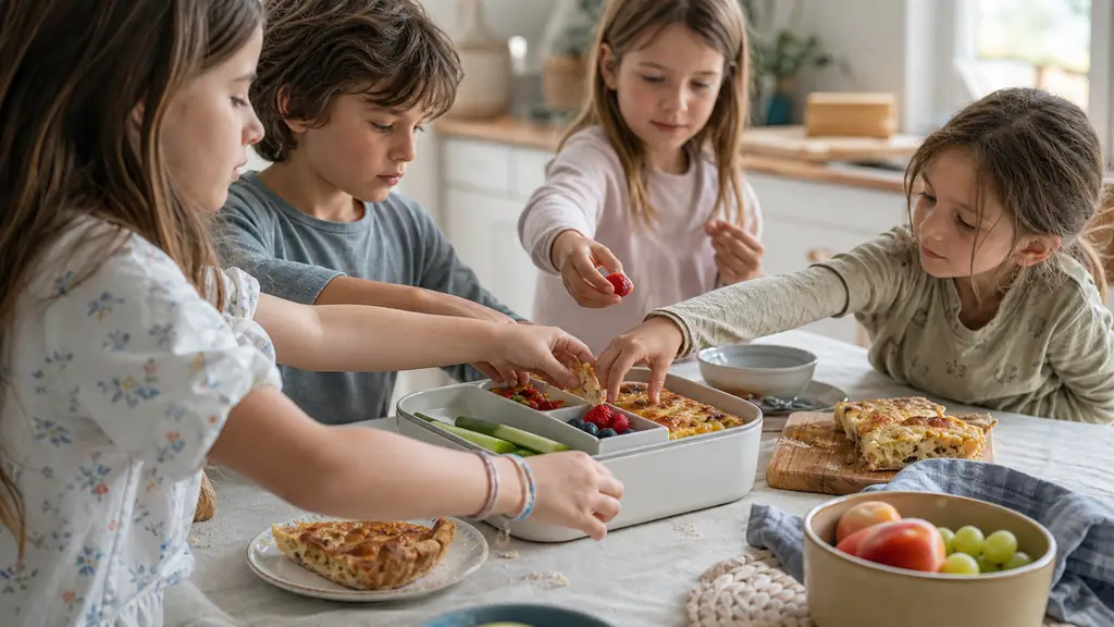 Children assembling a family picnic box with slices of homemade quiche, cucumber sticks and fresh fruit on a bright kitchen table