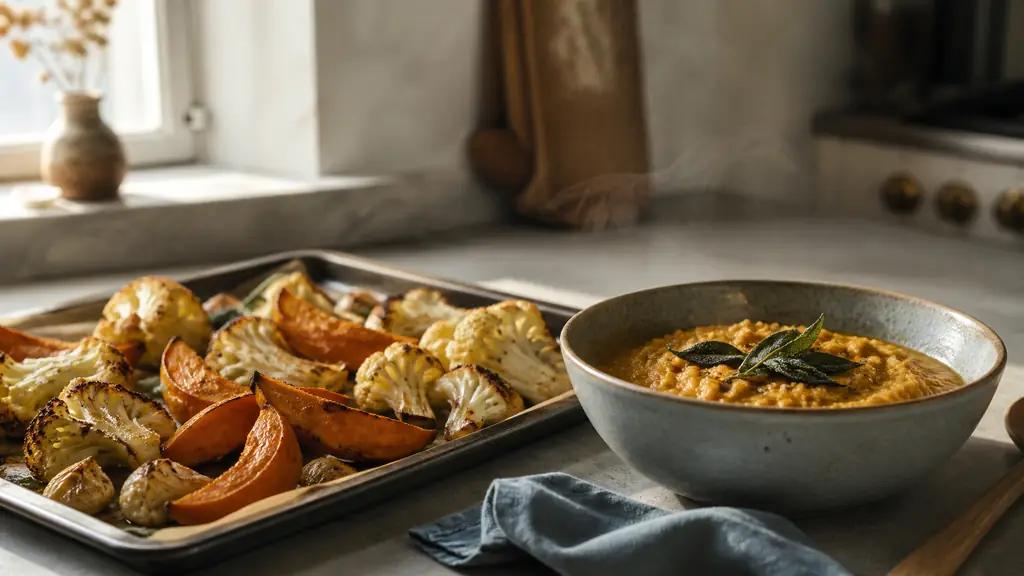 Editorial autumn kitchen photograph of roasted squash and cauliflower on a baking tray beside a bowl of creamy red lentil dhal, warm natural light, no text or logo
