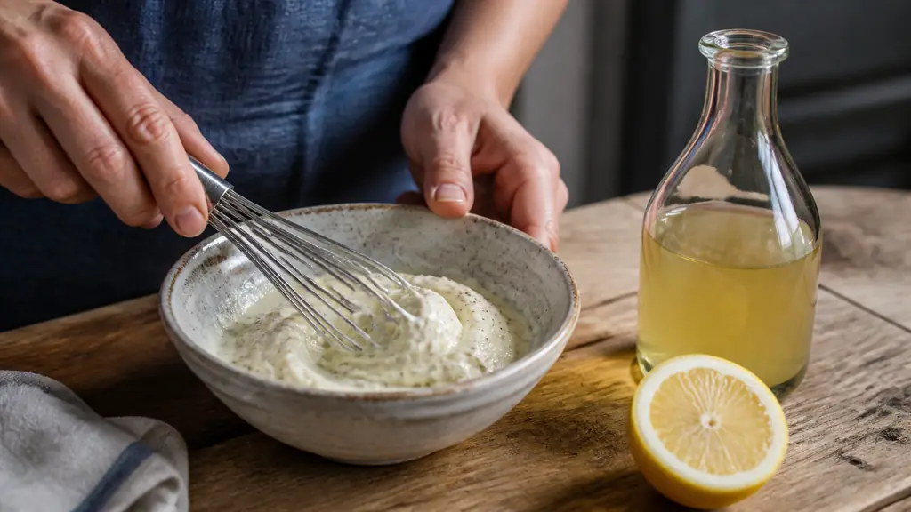 Close-up editorial food photograph of a hand whisking yogurt and mustard in a small ceramic bowl, with a halved lemon and a glass bottle of verjuice beside it on a wooden kitchen table, natural daylight, no text, no logo