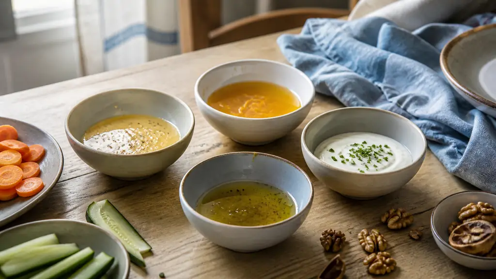 Editorial food photograph of four small ceramic bowls containing lemon mustard dressing, orange and rapeseed oil dressing, creamy yogurt and chive dressing, and verjuice olive oil dressing, beside sliced carrots, cucumber and walnuts on a family kitchen table, natural daylight, no text, no logo