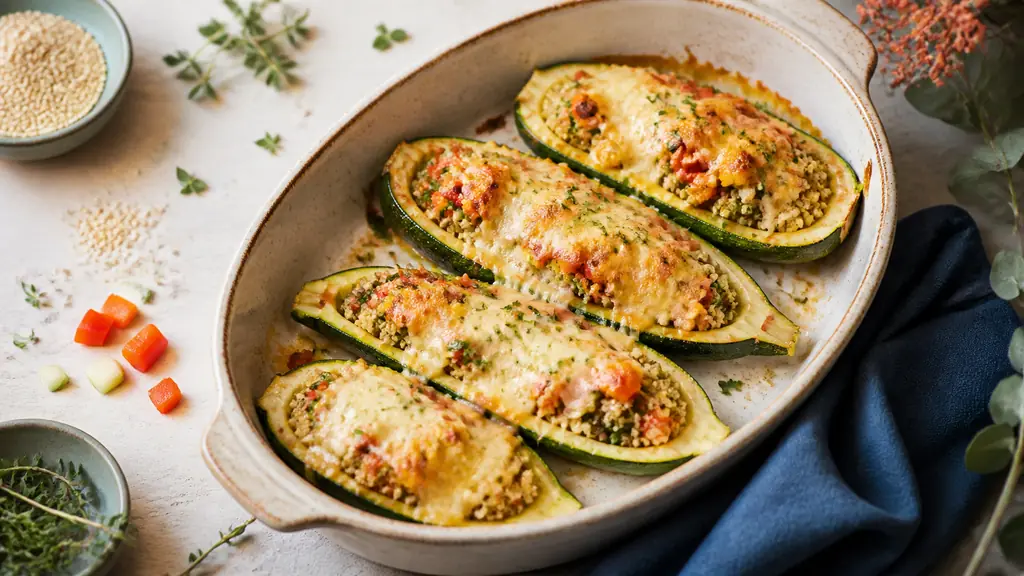 Recette de courgette farcie végétarienne au quinoa, prête en 55 minutes