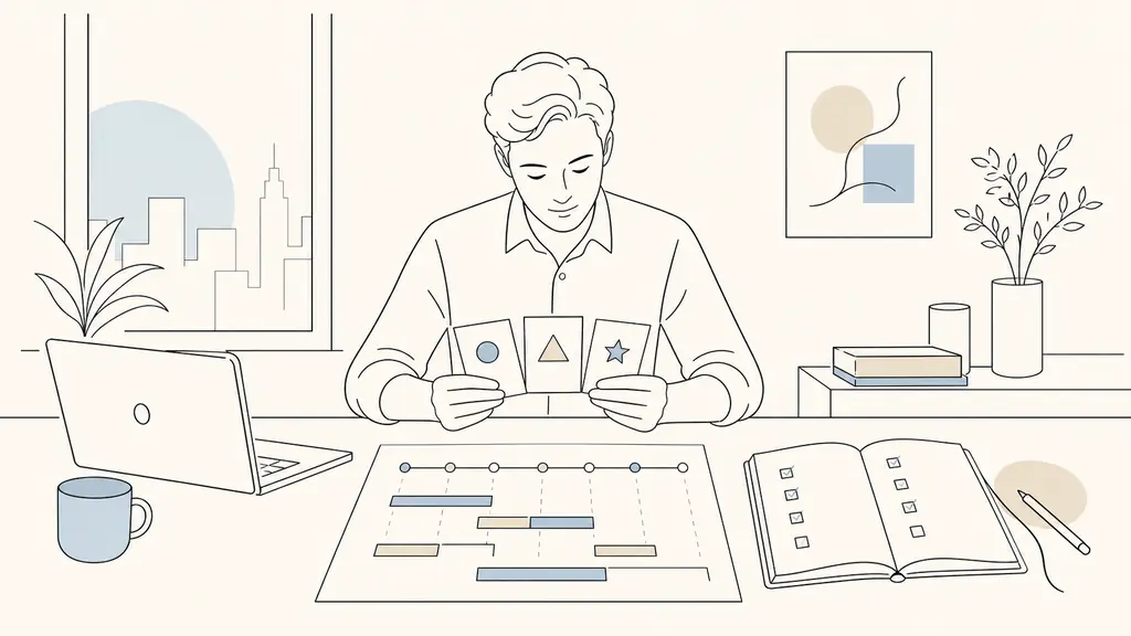 editorial photograph of a candidate reviewing three handwritten preparation cards labeled only with simple symbols, beside a shared project timeline and a notebook containing scheduled follow-up checkboxes, natural office light, no readable text, no logo
