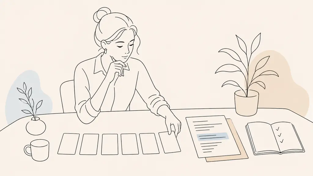 Editorial photograph of a candidate sorting five blank cards beside a highlighted job description and a notebook with three handwritten check marks, no readable text, no logo