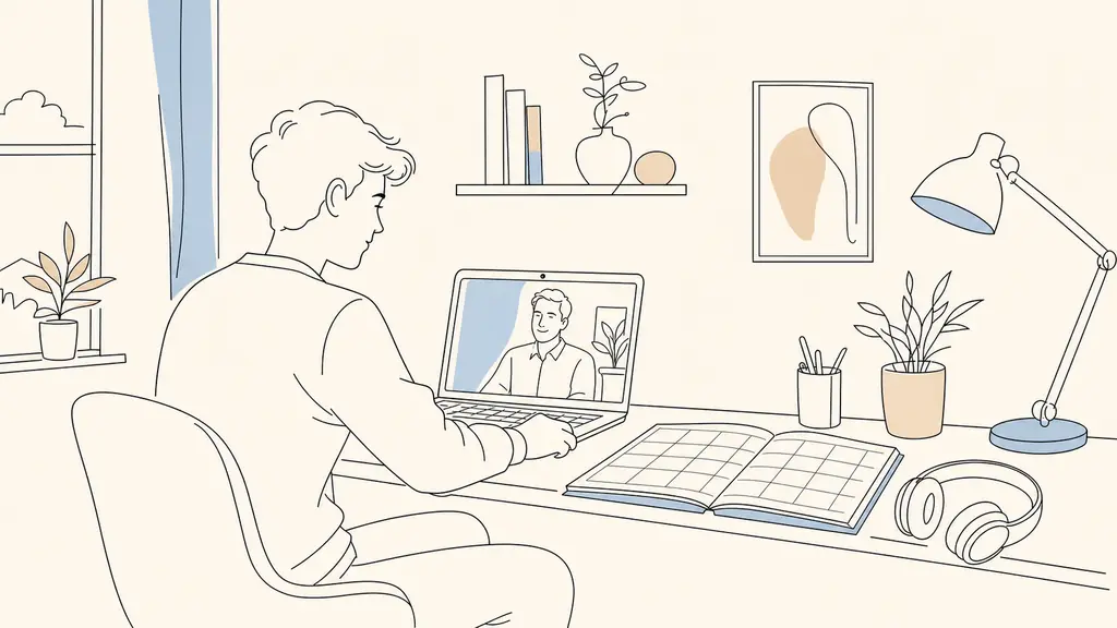 French apprentice working from a home desk during a scheduled company day, laptop showing a video check-in with the workplace tutor, CFA timetable and headset beside the computer, editorial photography, no text, no logo
