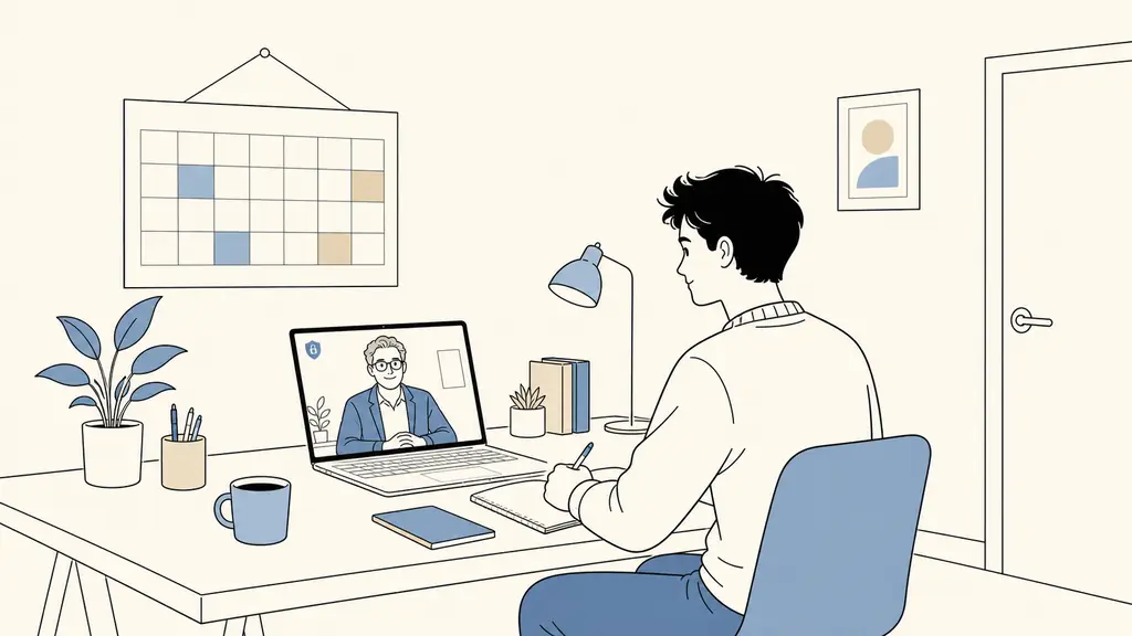 French apprentice at a secure home workstation joining a 9 a.m. video check-in with the workplace tutor, weekly CFA calendar and VPN-enabled company laptop visible, editorial photography, no text, no logo