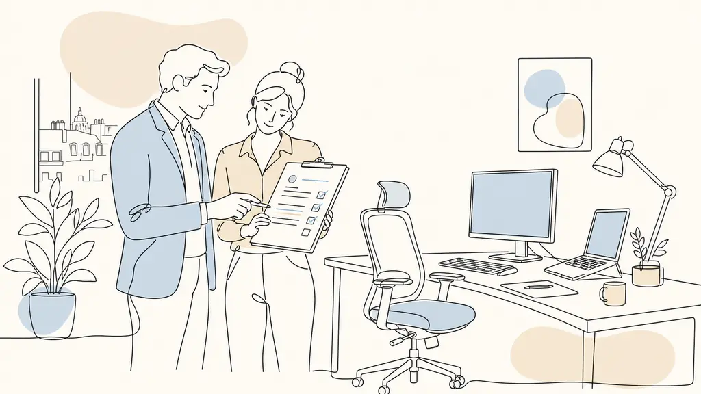 French small business manager and employee reviewing a workplace risk assessment document beside an ergonomic workstation, with a laptop set up for remote work