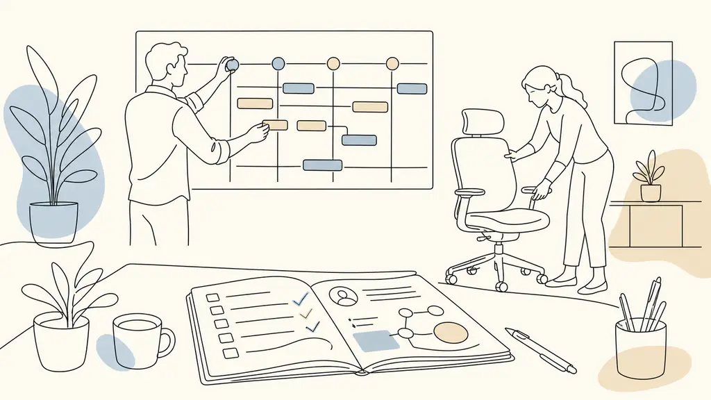 Small business manager adjusting deadlines on a planning board while an employee sets up an ergonomic chair, with a professional training plan open on the desk, editorial workplace photography, no text, no logo