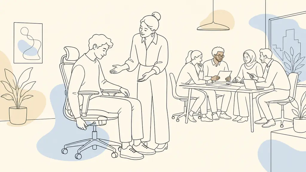 Editorial photograph of an employee adjusting an ergonomic office chair while a manager gives constructive feedback, with colleagues collaborating around a nearby table, no text, no logo