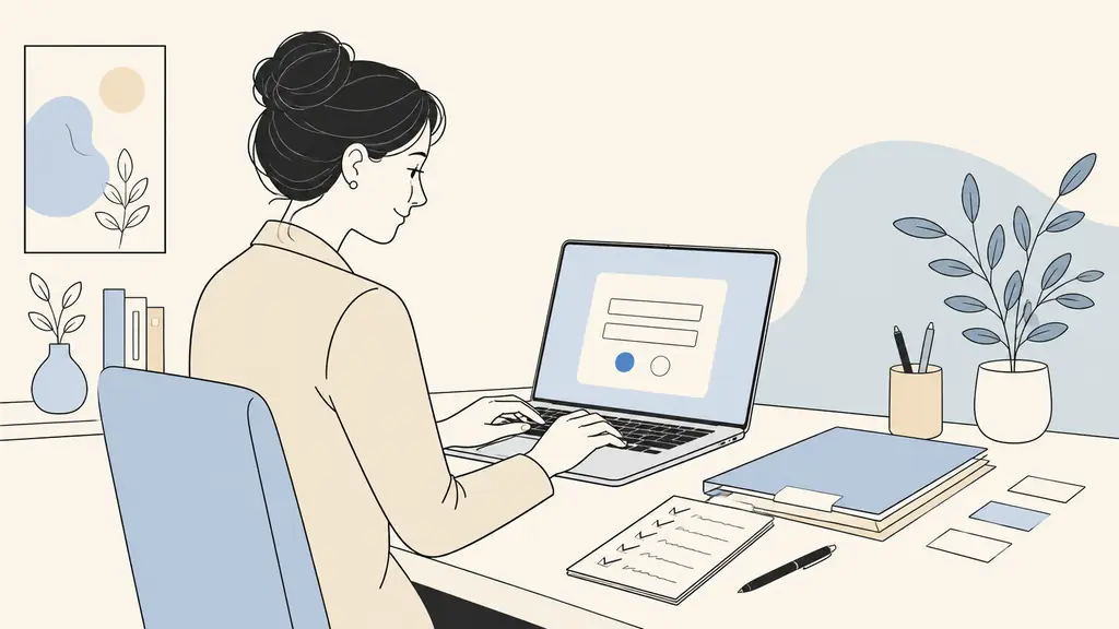 A territorial employee logging into a personal portal on a laptop, with labeled application documents and a written mobility checklist beside the keyboard, editorial photography, no text, no logo