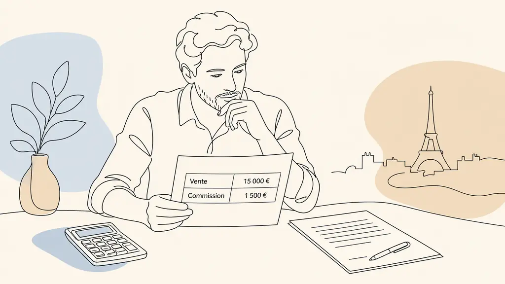 French small business owner checking a commission table showing a 15,000 euro sale and a 1,500 euro commission beside a calculator and sales contract, no visible logos