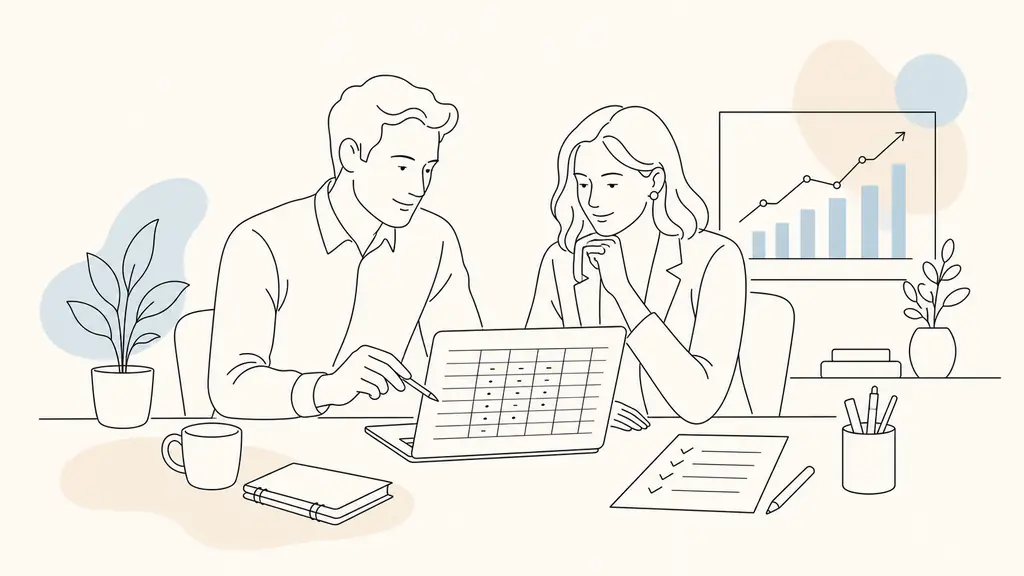 Small business owner and sales representative reviewing a shared commission spreadsheet beside customer renewal notes and a profitability chart, editorial office photography, no text, no logos