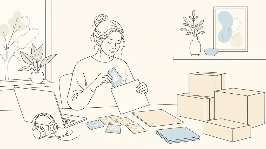 Editorial photograph of a home workspace with sample packets being sorted into envelopes, a telephone headset beside a laptop, and neatly arranged shipping boxes, natural daylight, no text, no logo