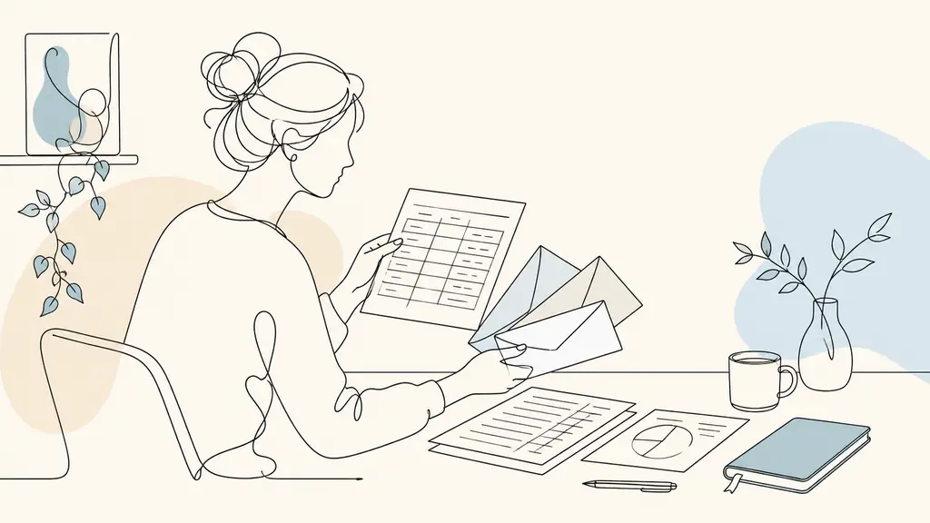 Editorial photograph of a person comparing a handwritten earnings table beside sample envelopes, accounting documents, and a small coaching notebook, natural home-office light, no text, no logo