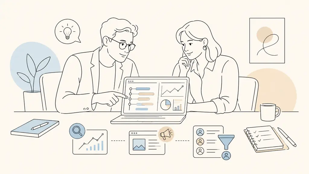 Digital strategy consultant reviewing a prioritized roadmap and KPI dashboard on a laptop while comparing SEO, advertising and CRM notes with a small business manager