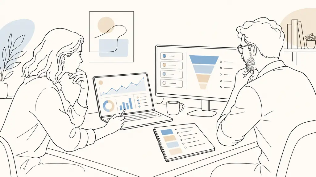 Digital consultant and small business owner examining an SEO analysis on a laptop, a CRM pipeline on a second screen and handwritten budget priorities on a notepad, editorial photography without text or logos