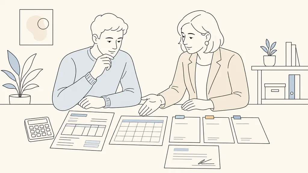 French job seeker and France Travail adviser comparing a vocational training quotation, course calendar and three allocation notifications labeled only with color-coded tabs, calculator and signed approval form on the desk, editorial photography, no readable text, no logo