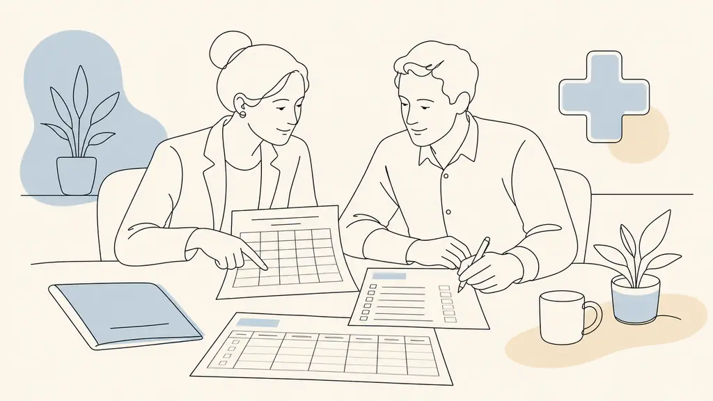 HR manager and employee reviewing a printed salary grid and training plan together in a nonprofit healthcare office, with a timesheet visible on the desk, editorial photography, no text, no logo