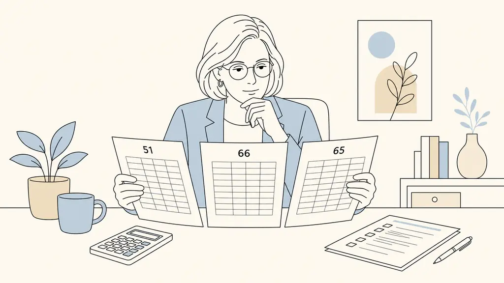Small nonprofit healthcare director comparing three printed collective agreement salary grids labeled 51, 66 and 65, with a calculator and employee training plan on the desk, editorial photography, no text, no logo