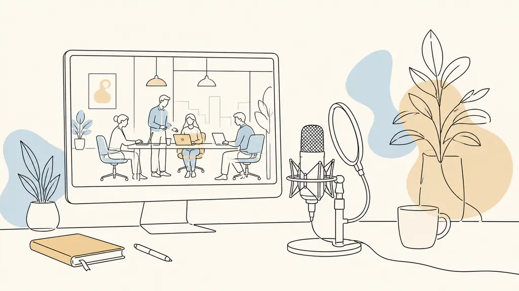 editorial photograph of a narrator recording into a studio microphone beside a monitor showing employees working in an office, narrator not visible on the monitor, no text, no logo