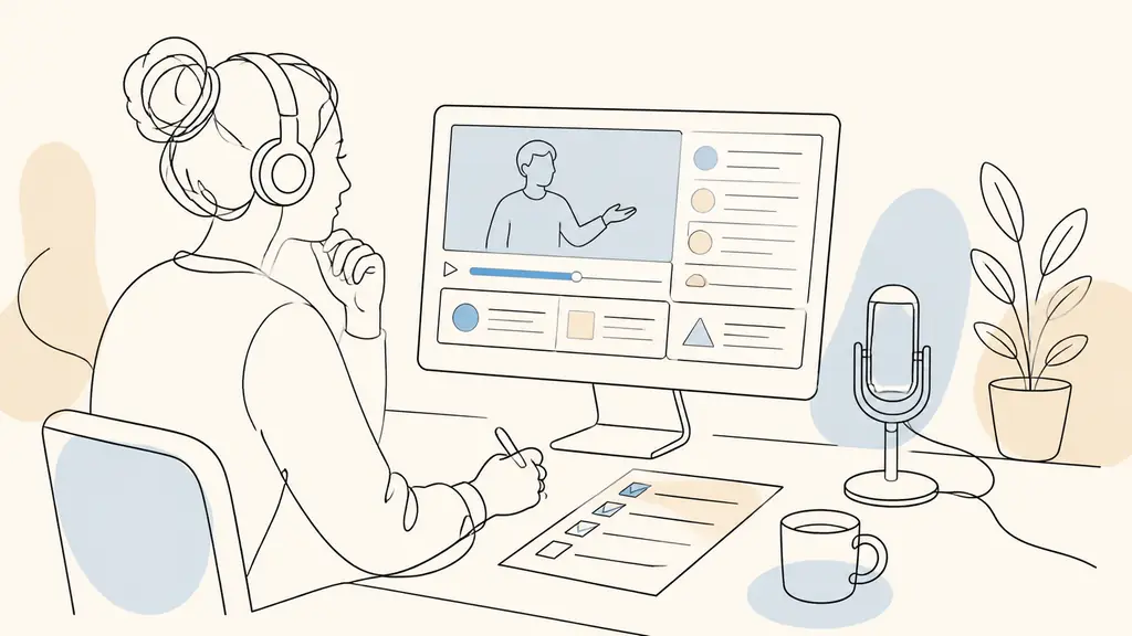 editorial photograph of an employee wearing headphones while following a software onboarding tutorial on a computer screen, with a recording microphone and a printed training checklist nearby, no text, no logo
