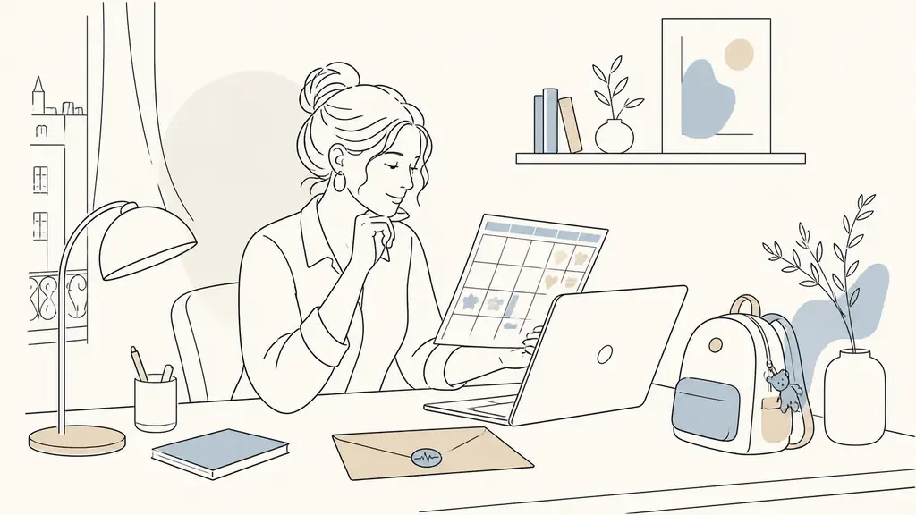 French employee reviewing a weekly childcare calendar beside a laptop at a home desk, with a closed medical envelope and a child’s backpack nearby, natural editorial photography, no text, no logo
