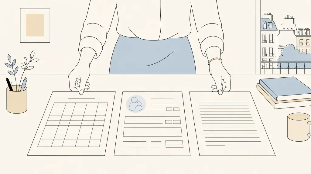 French employee placing a weekly work schedule and childcare certificate beside a drafted telework request letter on a desk, editorial photography, no text, no logo