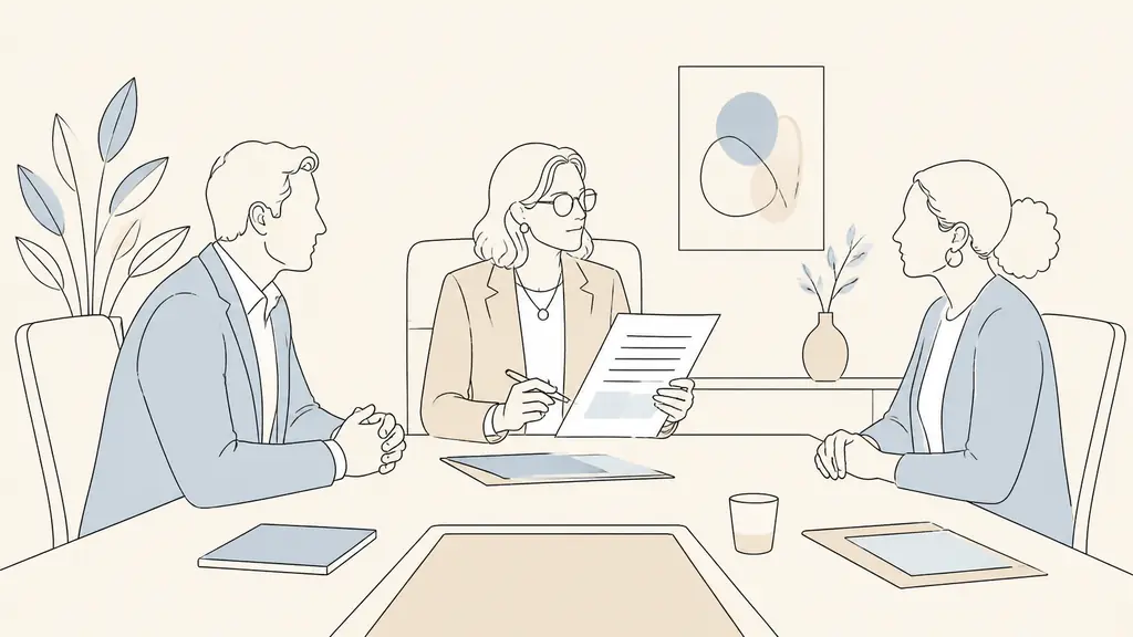 HR director seated at an executive committee table, reviewing a workforce planning document while speaking with a manager and an employee representative, editorial photography, no text, no logo